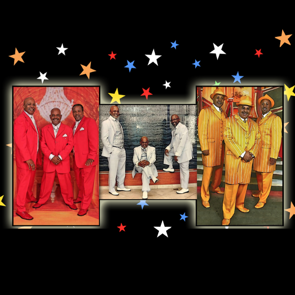 Three men reoccur three photos. In the left photo men wear all red suits. In the middle photo men wear all white suits. In the right photo men wear all yellow suits