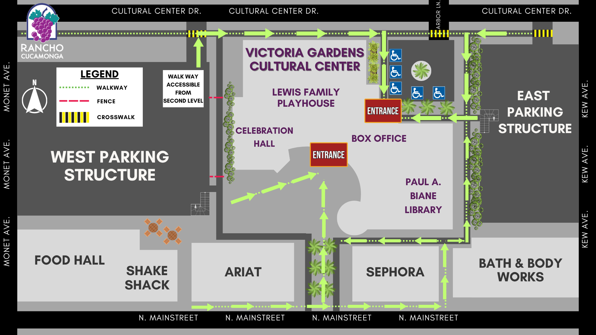 A map of the Victoria Gardens Cultural Center area showing the Lewis Family Playhouse, Celebration Hall, the Paul A. Biane Library, and the Box Office. Walkways are marked with green arrows and crosswalks with yellow stripes. The West Parking Structure is on the left along Monet Avenue, and the East Parking Structure is on the right along Kew Avenue with accessible parking near the entrances. Nearby businesses on North Mainstreet include the Food Hall, Shake Shack, Ariat, Sephora, and Bath & Body Works.