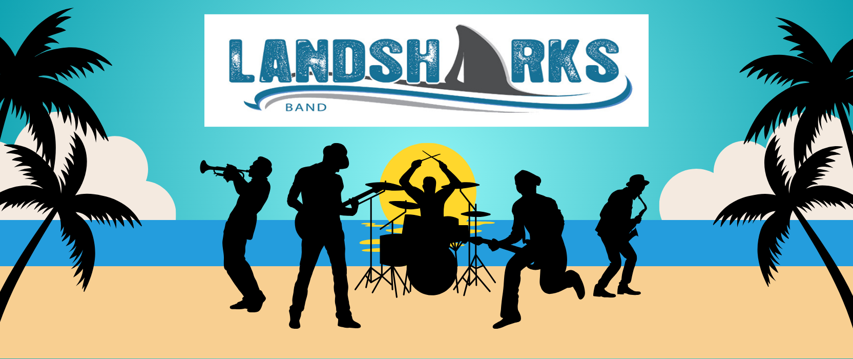 beach scene with a band playing on the sand text reads the landsharks