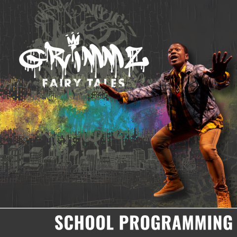 A gray background with light gray graffiti text scattered throughout. A bright rainbow of spray paint splotches decorates a line horizontally across the center. White spray painted text reads: Grimmz: Fairy Tales. A man is dancing and telling a story with his arms spread wide on the right hand side of the image.