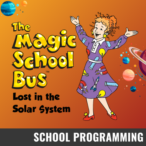 a yellow and orange gradient background. In front is bubbled yellow text that reads The Magic School Bus, black text below it reads Lost in the Solar System. A 2D image of a cartoon red-headed woman wearing an eccentric purple dress with planets on it has her arms spread wide with a big smile on her face.