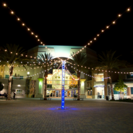 courtyard with string lights at night